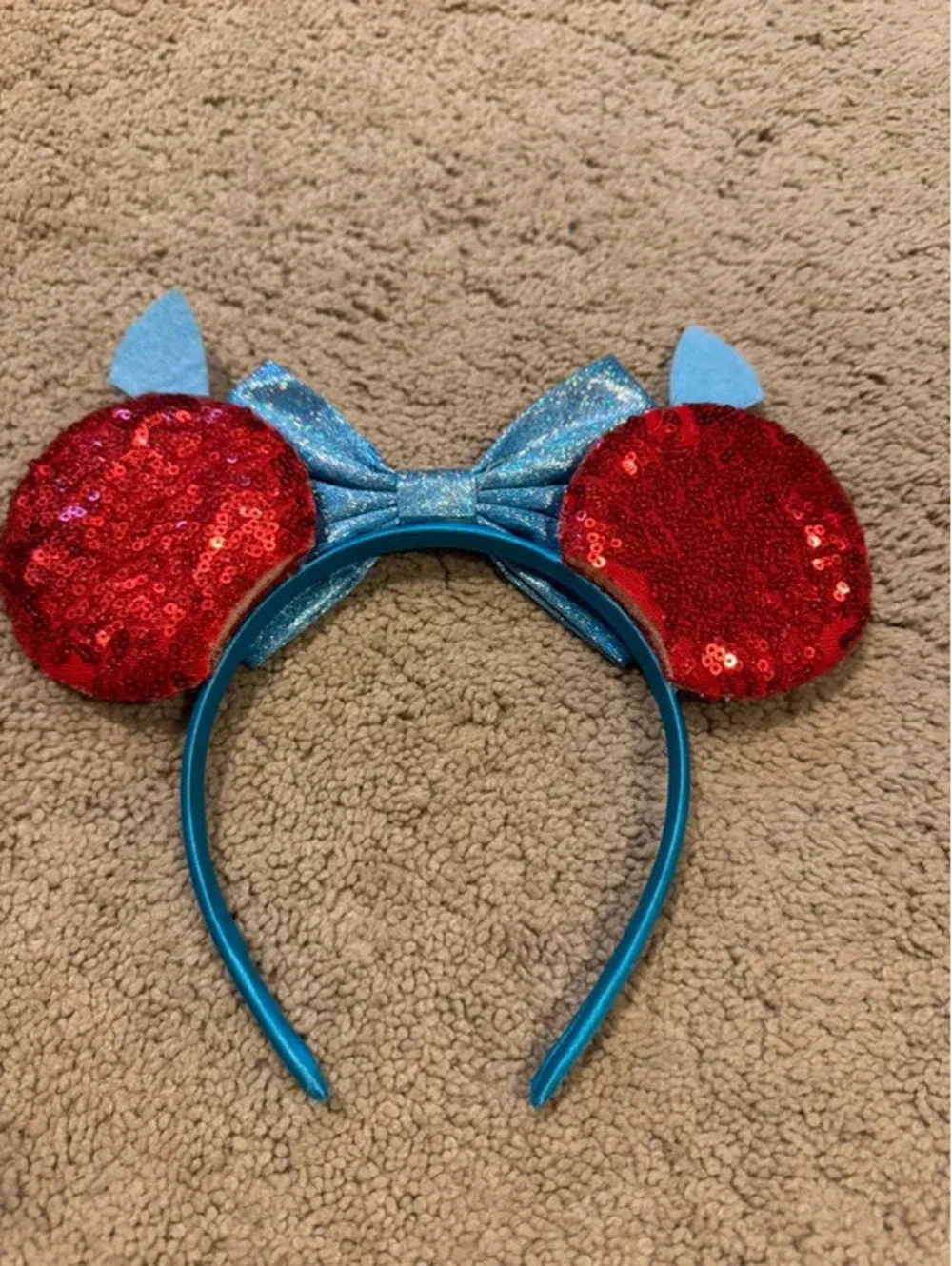 Disney Stitch Blue and Red Sequin Bow Headband with Mouse Ear Design